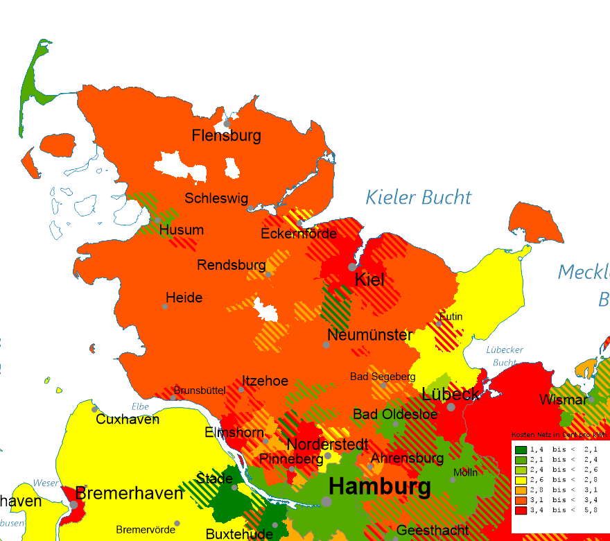 Kartenausschnitt Preisniveau Gasnetzentgelte für Haushaltskunden mit Jahresverbrauch von 20.000 kWh in Niederdruckstufe (Datenquelle: Cockpit der GET AG)