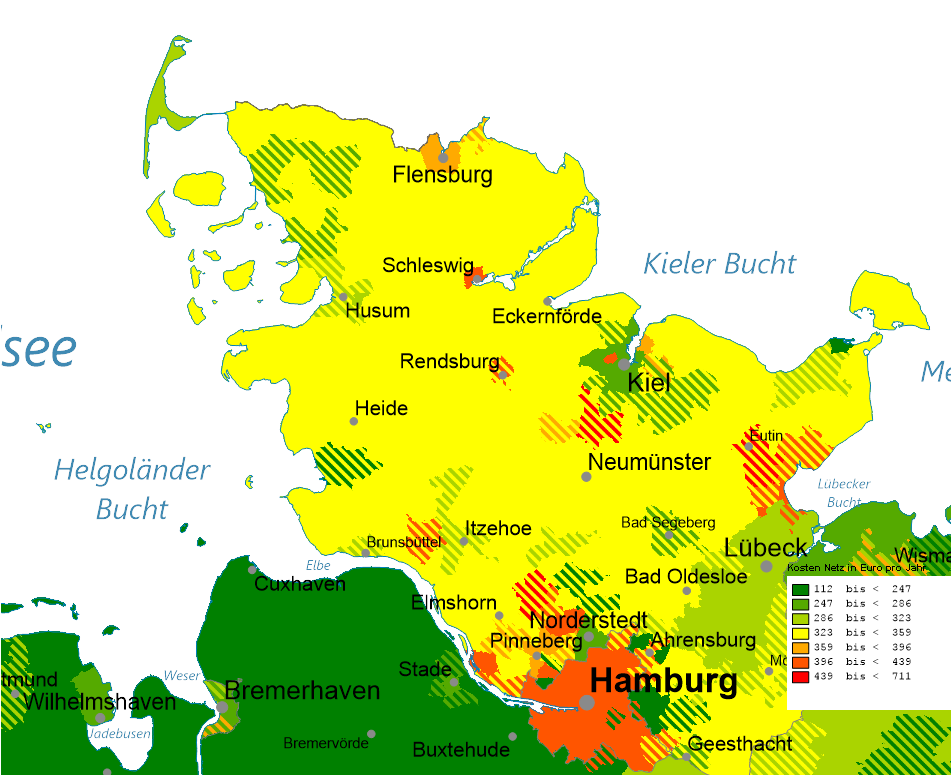 Kartenausschnitt Preisniveau Stromnetzentgelte für Haushaltskunden mit Jahresverbrauch von 3500 kWh in Niederspannung (Datenquelle: Cockpit der GET AG)