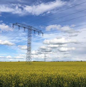 Strommast im Rapsfeld vor Windrad